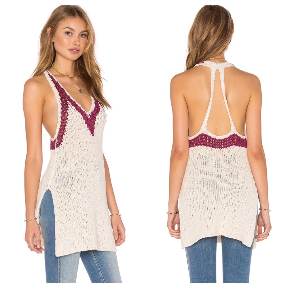 FREE PEOPLE Ivory Knit Hold On Plunge Tunic Top Size MEDIUM Festival Boho $118